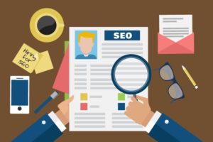 Cartoon man studying SEO newspaper